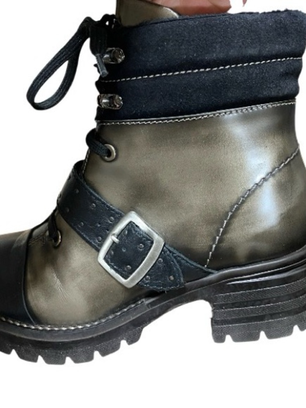 Dromedaris Leather Ankle Boots EU 38 Black Fur Lined Buckle Lug Chunky Sole - Picture 16 of 16